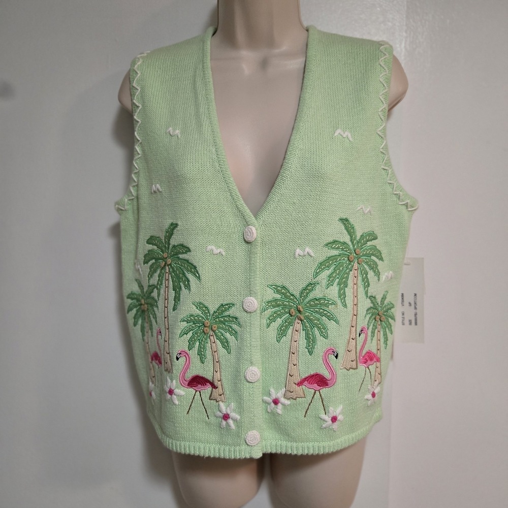 Timberlea Size S Pale Green Ramie Blend Flamingo Knit‎ Cardigan Vest NEW
